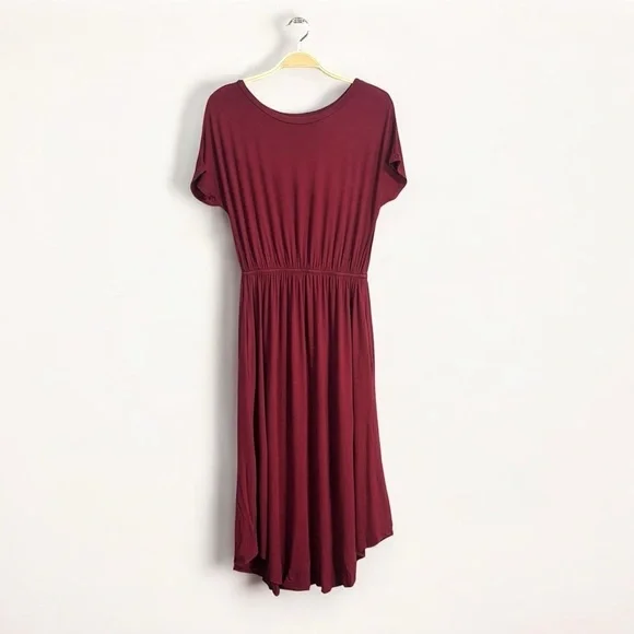 Short Sleeve Jersey Knit Midi Dress with Pockets Burgundy Size Small - Picture 3 of 15